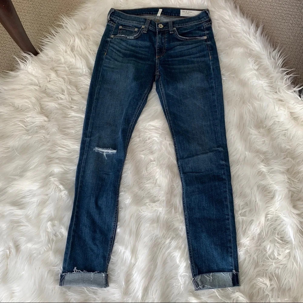 Rag & Bone Dre Slim Boyfriend Jean Java Blue w/Holes Raw Hem Distressed Denim 25 - Picture 2 of 11
